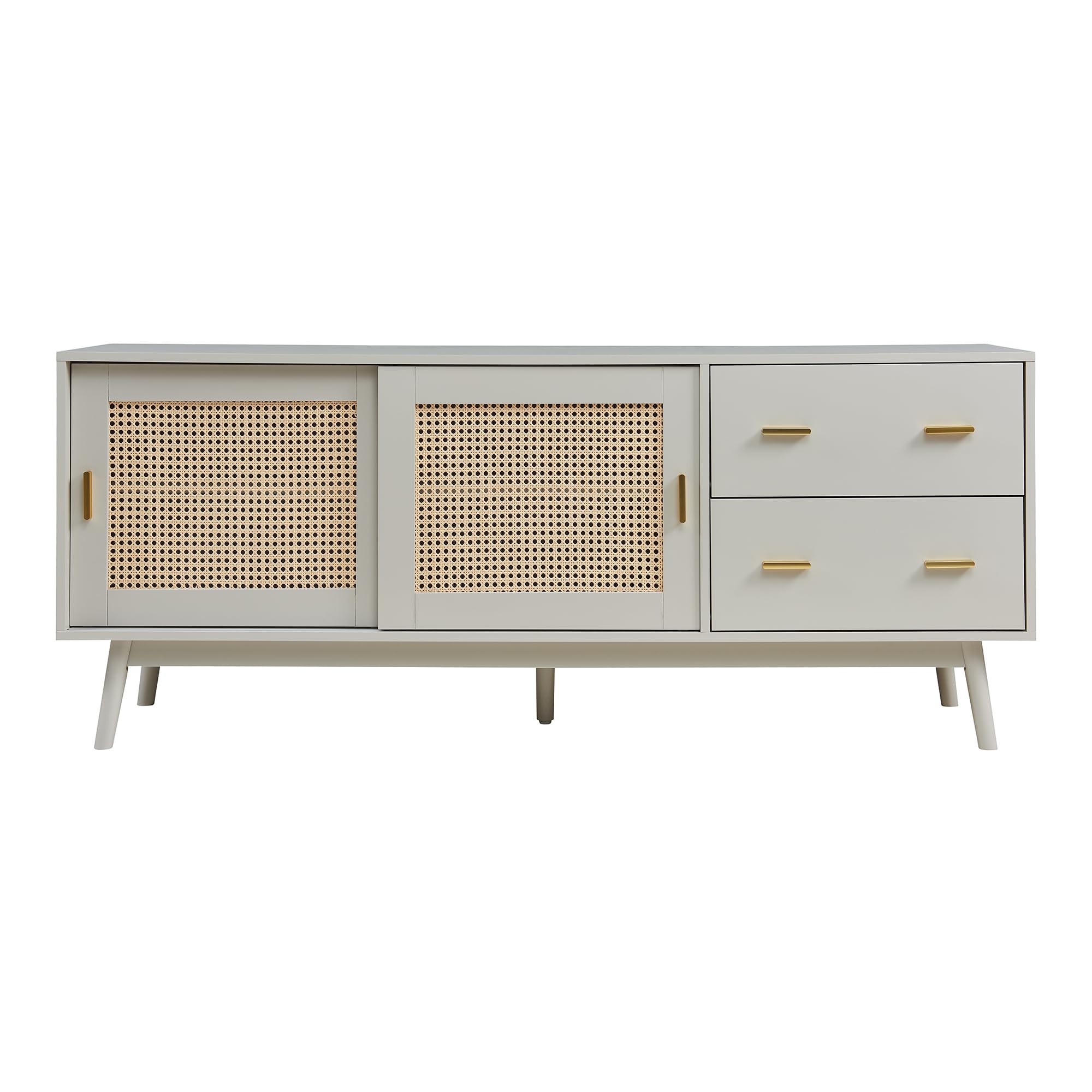 [en.casa] Szafka pod telewizor Susa z 2 drzwiami przesuwnymi, front z polirattanu, szafka pod telewizor z 2 szufladami, 160 x 40 x 65 cm, kredens, komoda pod telewizor, beżowa