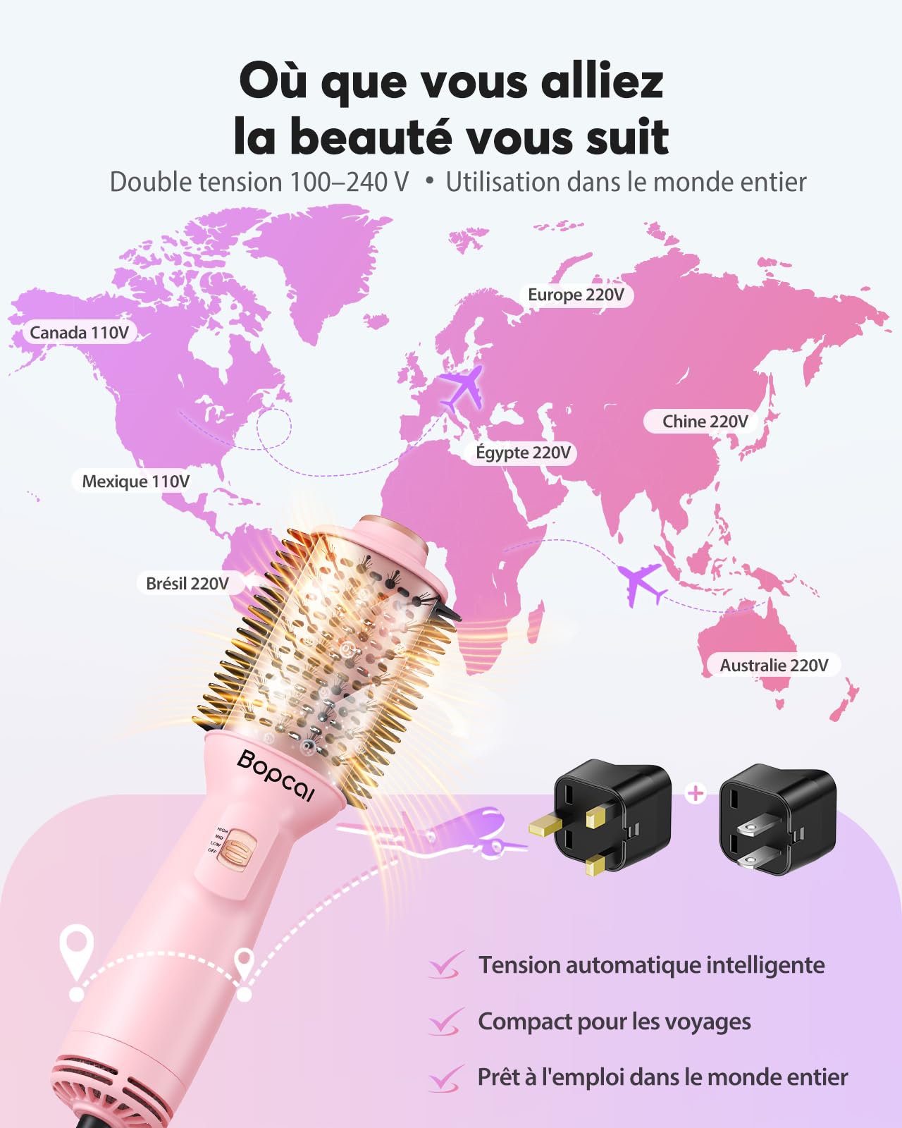 Bopcal Mini Brosse Soufflante Voyage 4 en 1 - Brosse Sèche Cheveux Double Tension Automatique (100-240V) avec Ionique, Brosse Chauffante avec épine US et UK