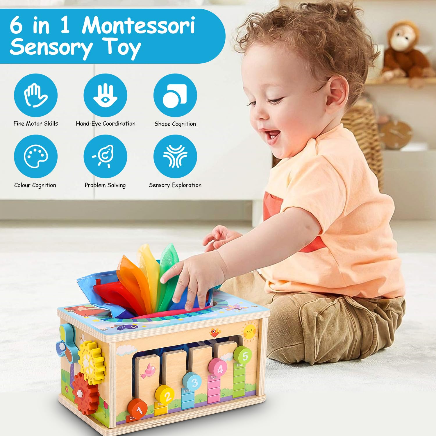 Yulado Montessori zabawka od 1, 2, 3 lata, pudełko na chusteczki 6 w 1, z chusteczką, kostka motoryczna, drewniana zabawka motoryczna dla dzieci od 1 roku życia