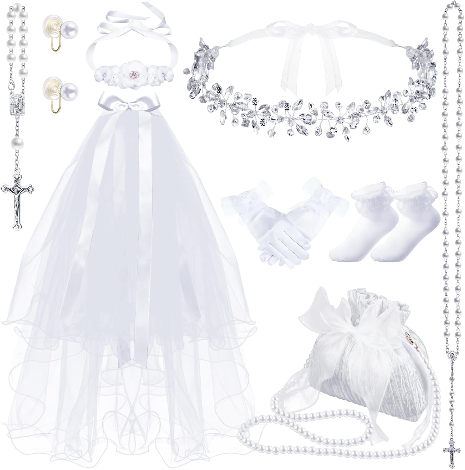 Quelay 9 Pcs First Communion Veil Set for Girls Catholic 1st Communion Veil Accessories Wreath Headpiece Crown Pearl Rosary Pouch Belt Necklace Bracelet White Gloves Sock for Kid Wedding