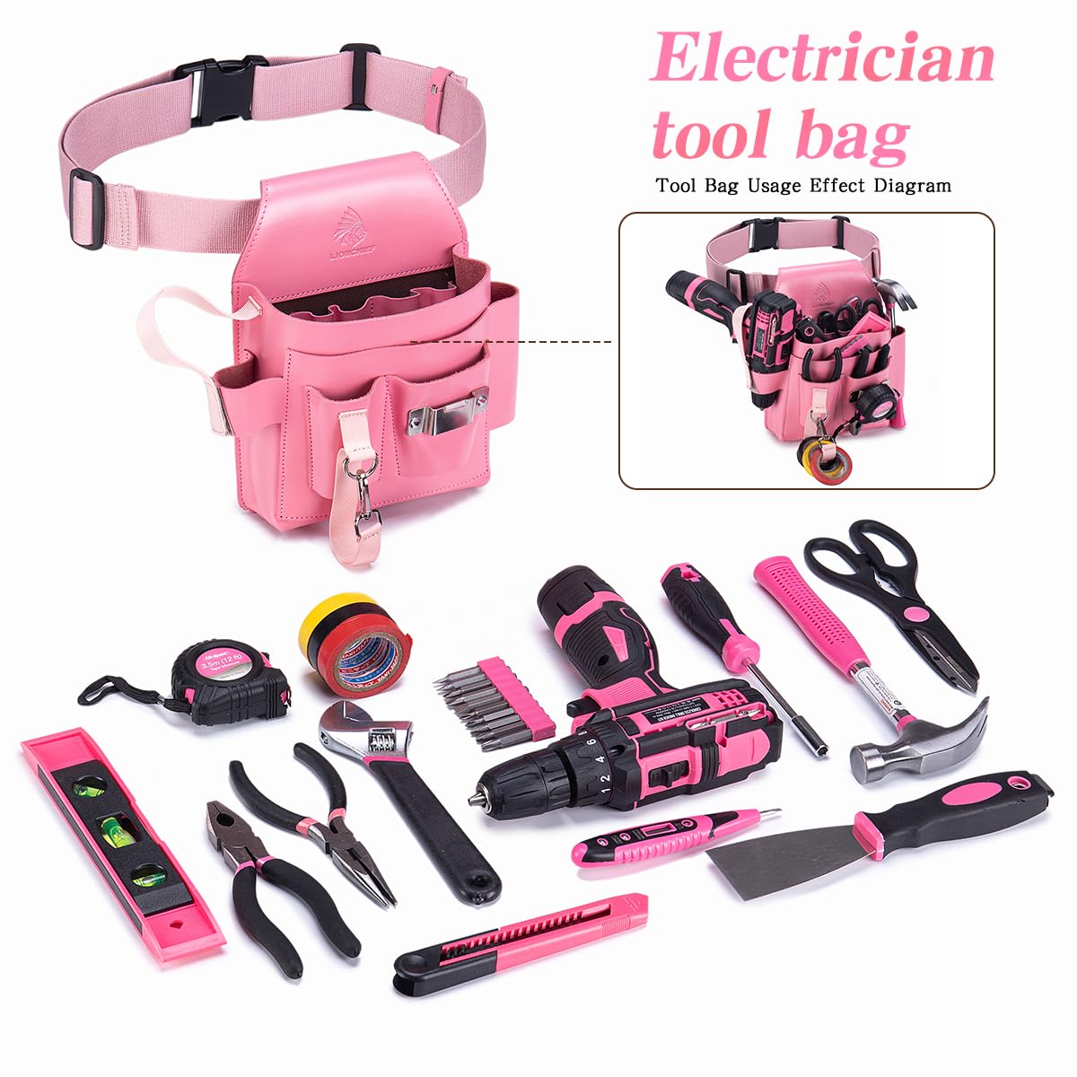 Cintura porta attrezzi da elettricista in vera pelle, grande, regolabile, con tasche multiple, per elettricisti, rosa
