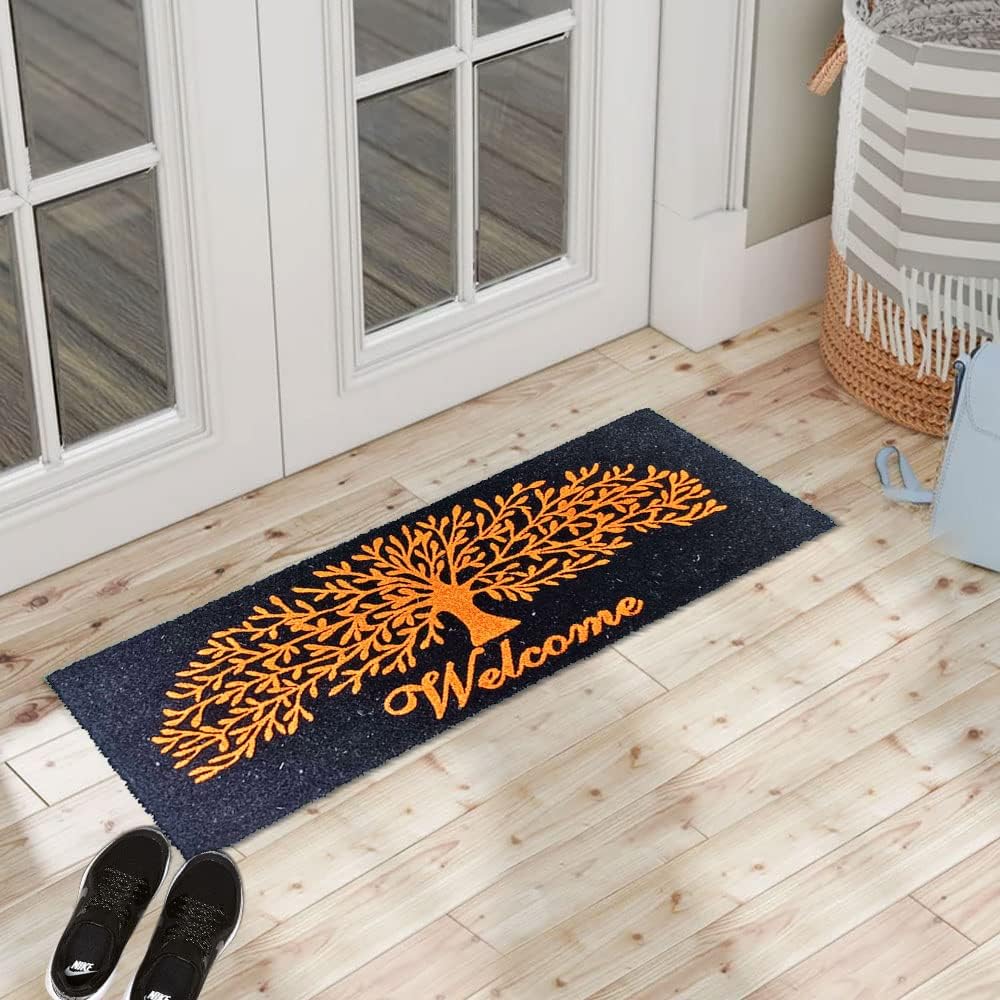 Mats Avenue® Coir Door Mat Tree Welcome Hand Printed Natural 40x120 cm Extra Large (Versatile Orange)