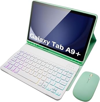 Keyboard Case for Samsung Galaxy Tab A9 Plus 11 Inch SM-X210/X216/X218,7 Color Backlight Keyboard with Dual Mode Wireless Mouse Green