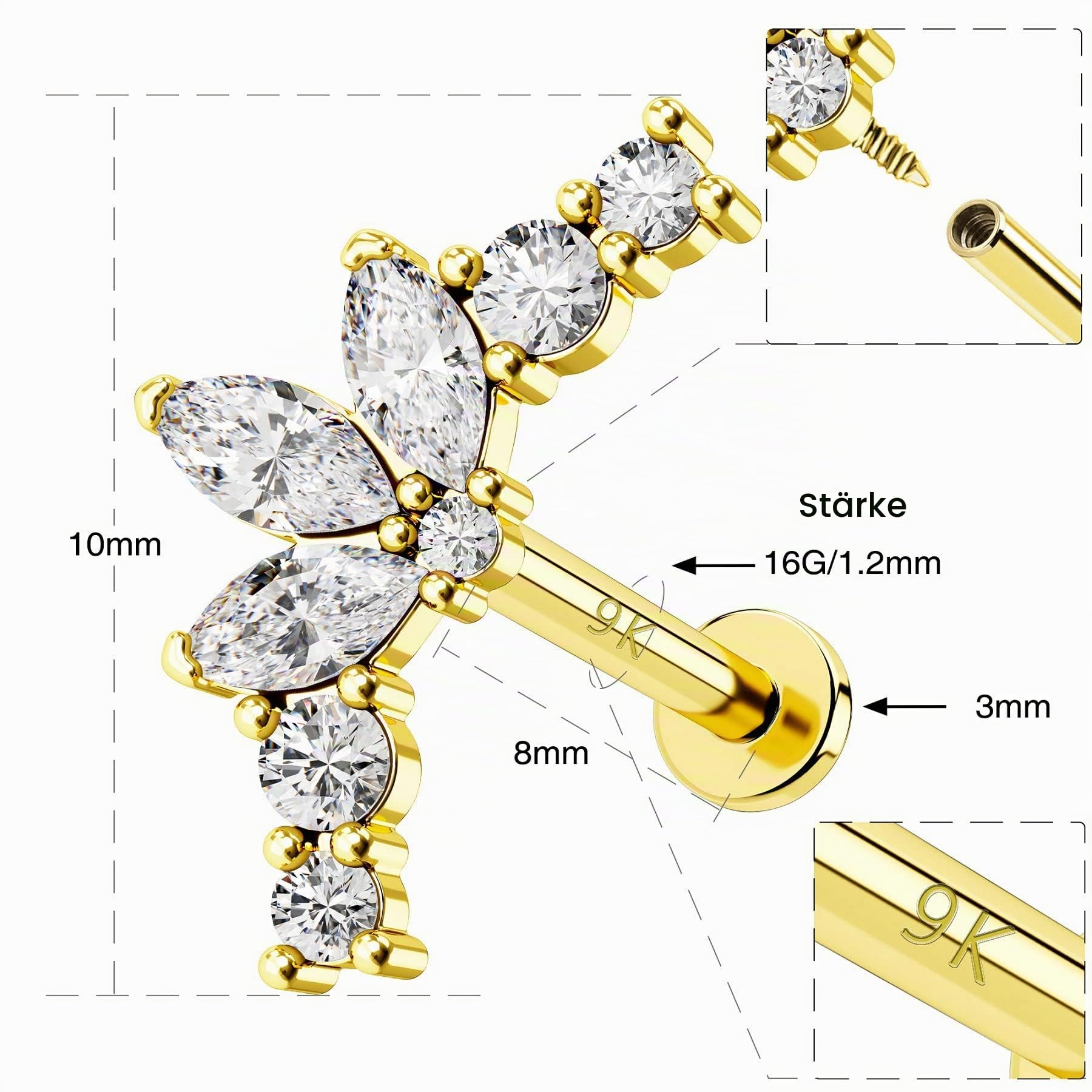 OUFER 9ct Gold Ohrpiercing Helix Piercing Conch Ring 16G Sparkly CZ Internally Thread Flat Lippe Lippenpiercing Labret Tragus Ohrringe Ohr Studs Cartilage Knorpel Ohrstecker Schmuck Women