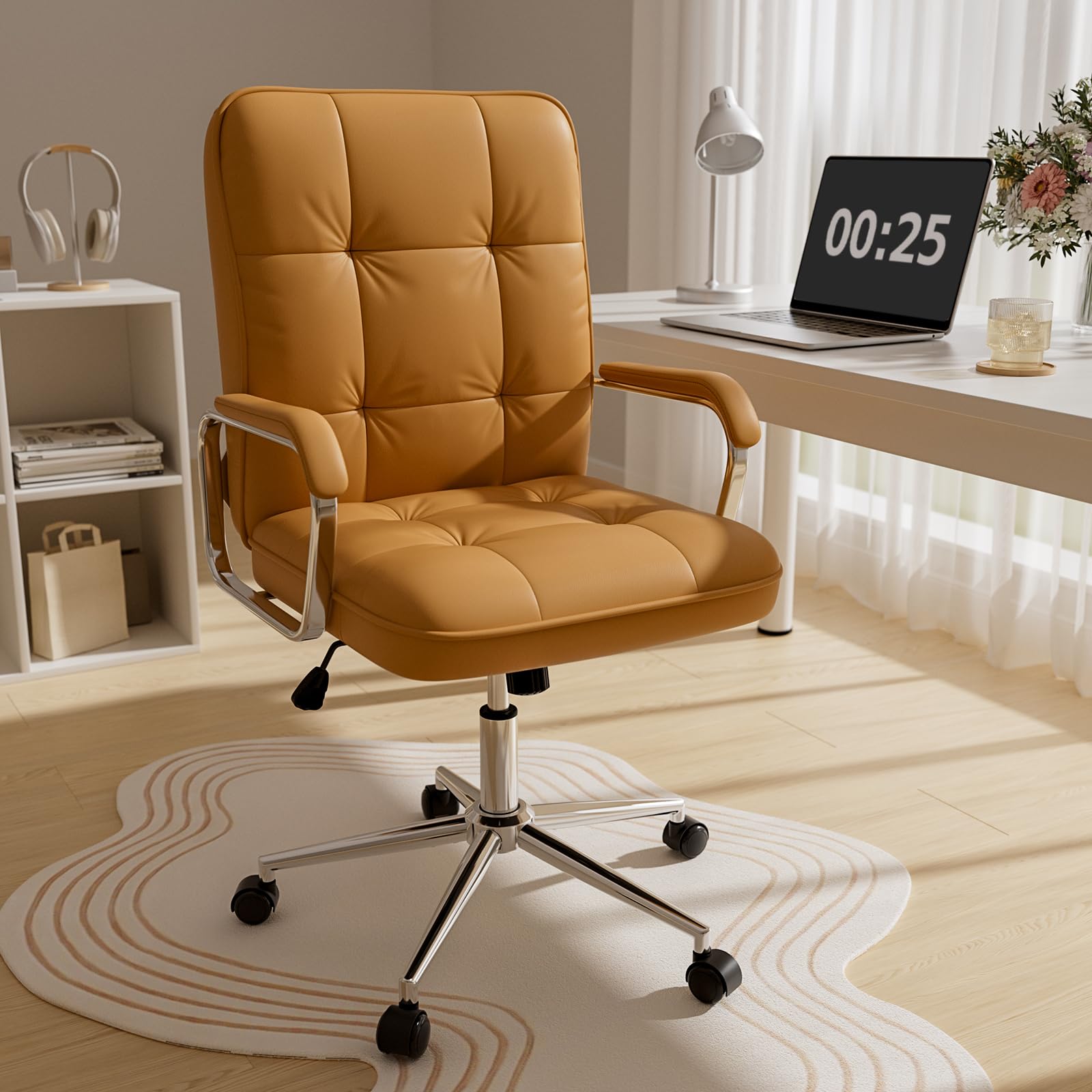 HomeZeer Brown Leather Office Desk Chair, Swivel Computer Home Office Desk Chair with Wheels and Padded Arms, Adjustable Height and Tilt