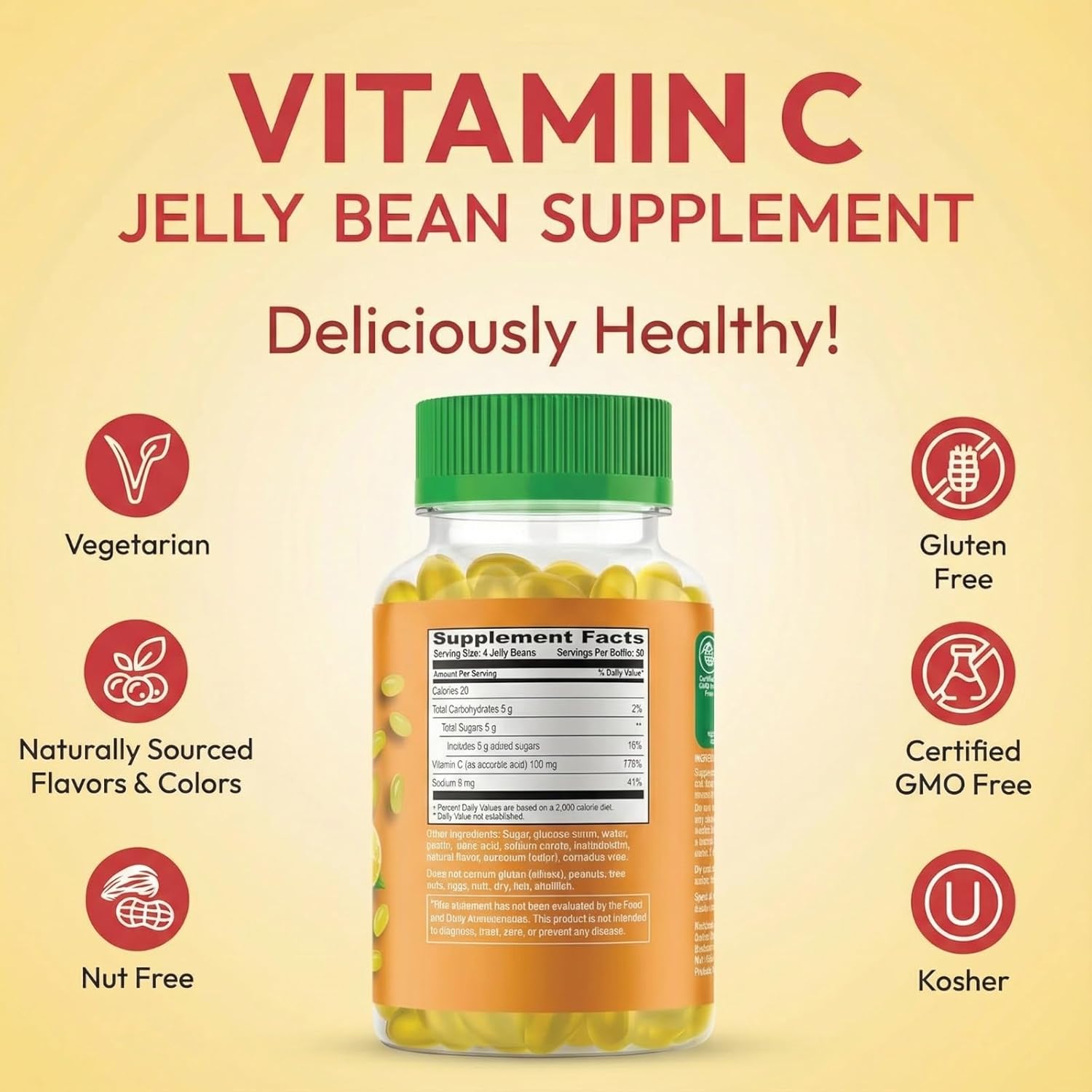 Vitamin C Jelly Bean Gummies for Adults, Immune Support Dietary Supplements, Vegetarian, 120 Citrus Blast Jelly Beans, Kosher - Image 7