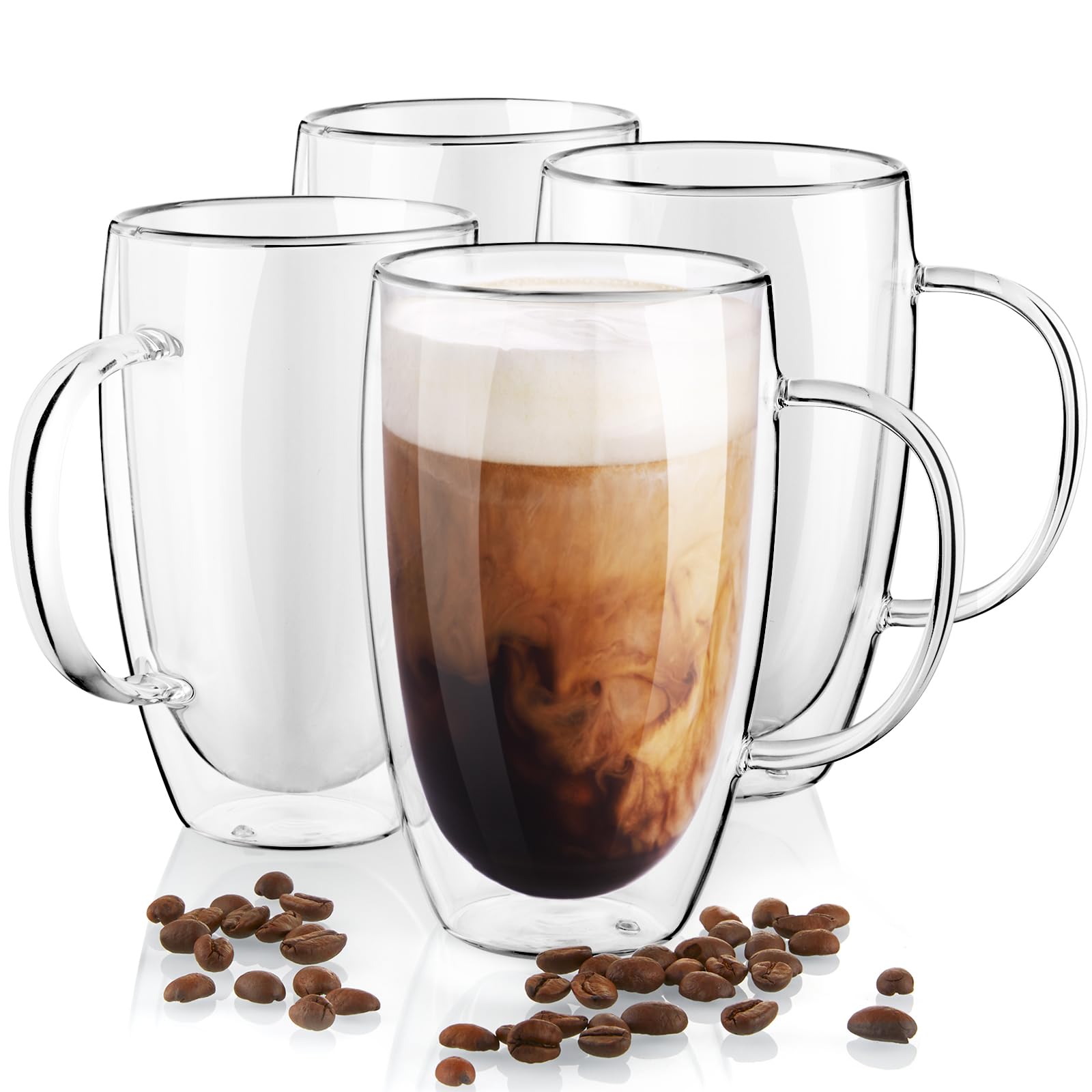Double Wall Glass Coffee Mugs Set of 4, 16 oz Insulated Layer Coffee Cups with Handle, Clear Borosilicate Glass Mugs, Perfect for Cappuccino, Tea, Latte, Hot Beverage, Wine, Microwave Safe