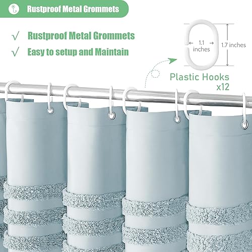 Miniatura 6 de Dynamene Cortina de ducha de tela azul niebla, cortina de ducha de tela texturizada de felpilla copetuda a rayas para baño, juego de cortina de