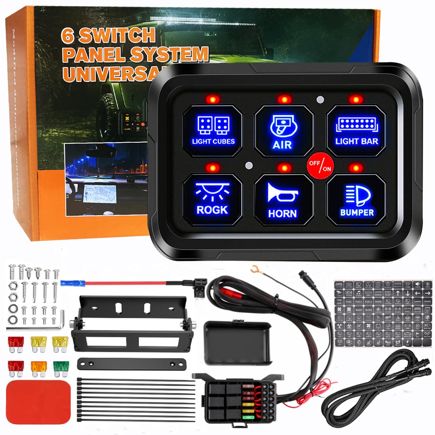 6 Gang Switch Panel pro Universal Circuit Touch Control Relay System Automatic Dimmable LED Box for 12-24V Dodge Jeep Ford Toyota Off-Road SUV Truck Pickup UTV Car Boat Marine Light Controller