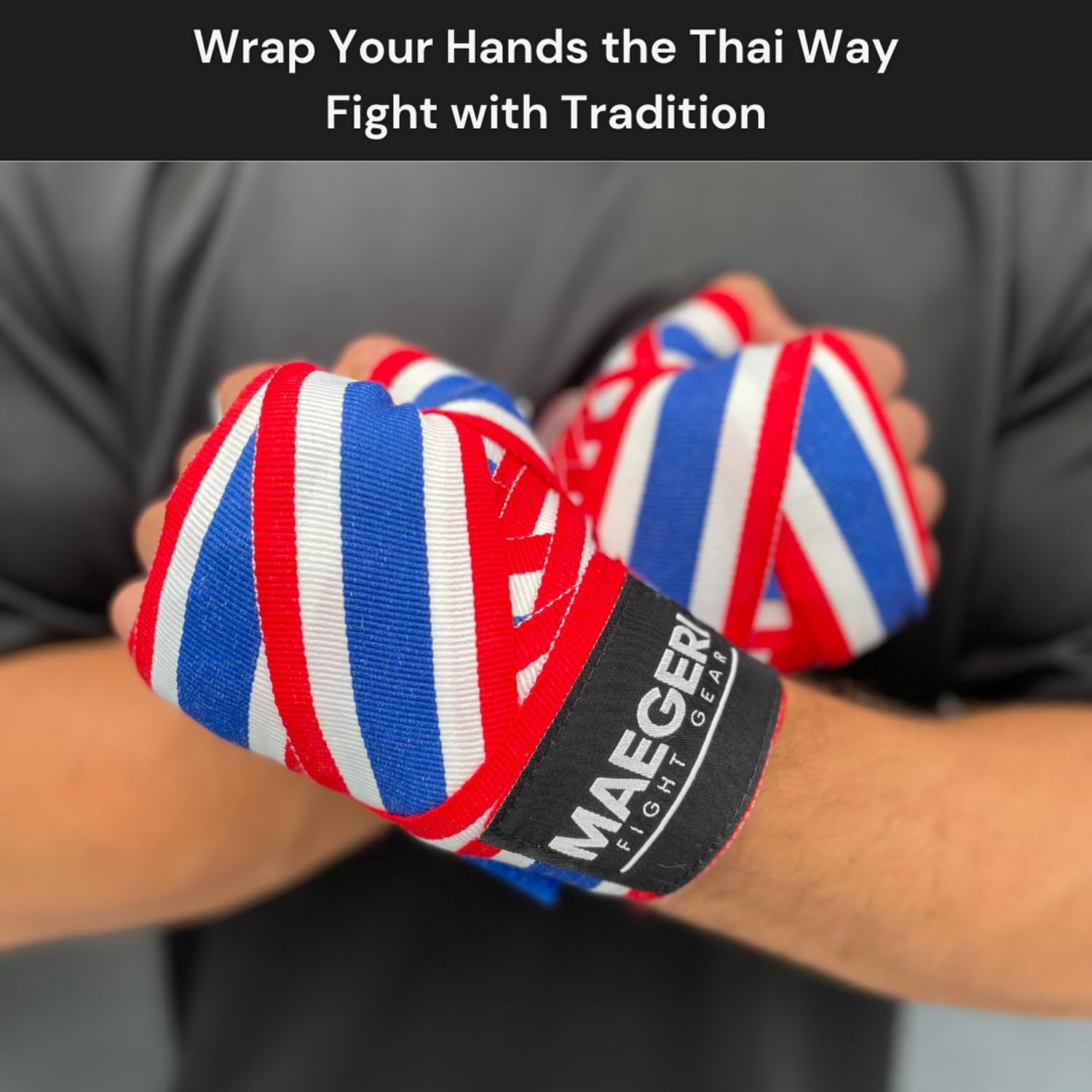 Muay Thai Hand Wraps 180 Inch – Thai Flag Elastic Boxing Hand Wraps for Muay Thai, Kickboxing & MMA – Muay Thai Wrist Wraps for Men & Women – Professional Training Equipment