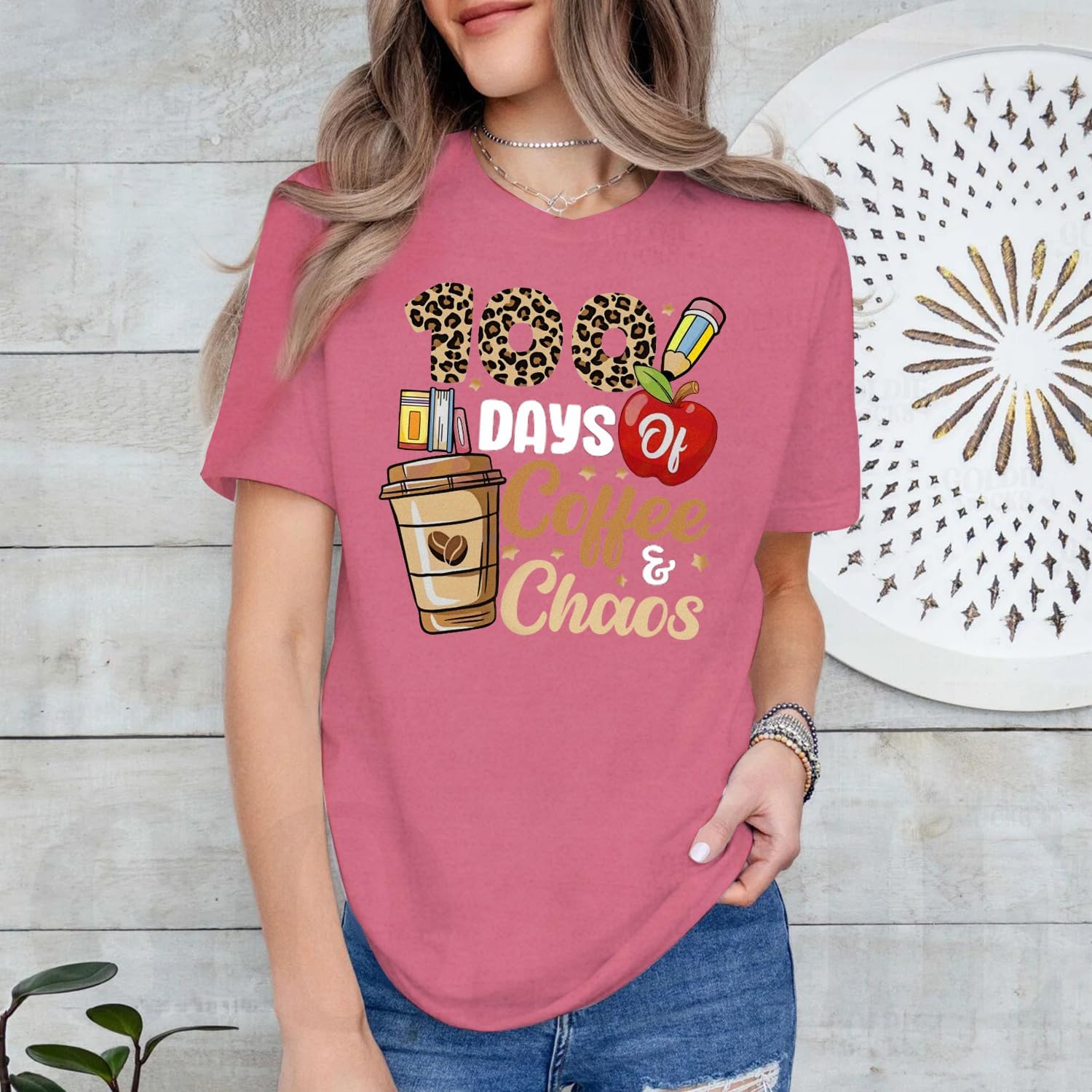 100 Days of School Shirts for Women 100th Day Teachers T-Shirts 100 Days of Coffee and Chaos Short Sleeves - Image 2