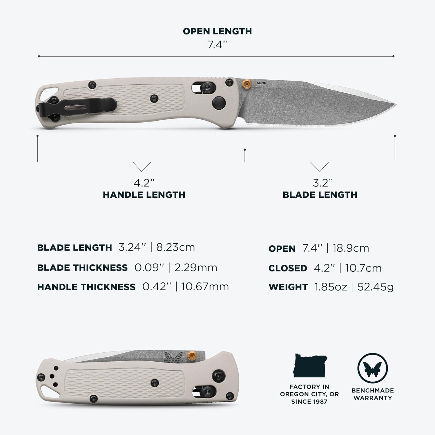 Benchmade - Bugout Outdoor EDC Folding Knife, Slim, Lightweight, Plain Edge, Drop-Point Blade, CPM-S30V Stainless Steel (58-60HRC), Grivory Handle (535-12)