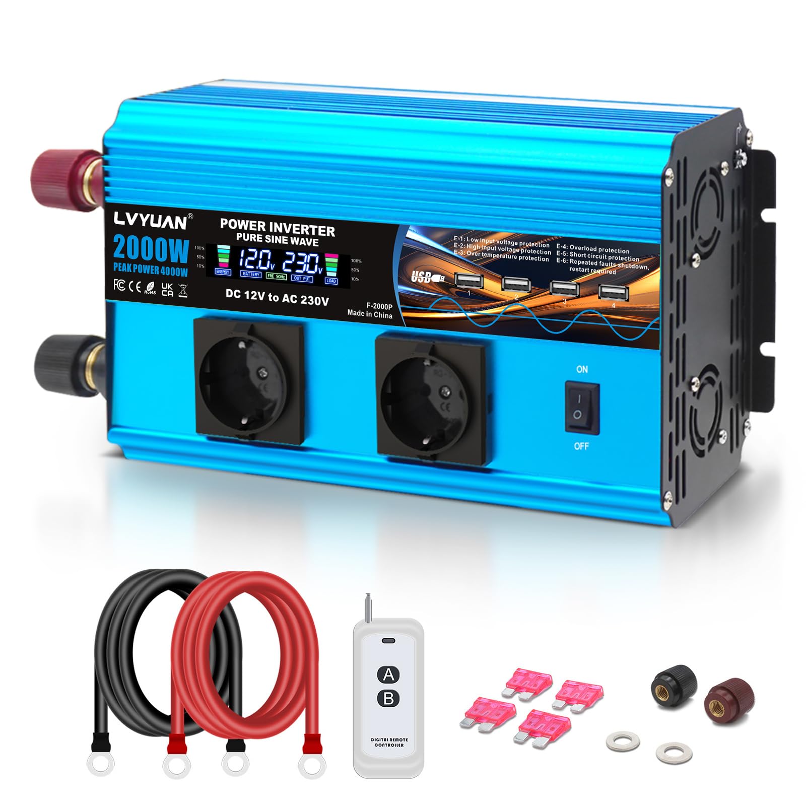 LVYUAN Wechselrichter 12V auf 230V 2000W/4000W Reiner Sinus Spannungswandler