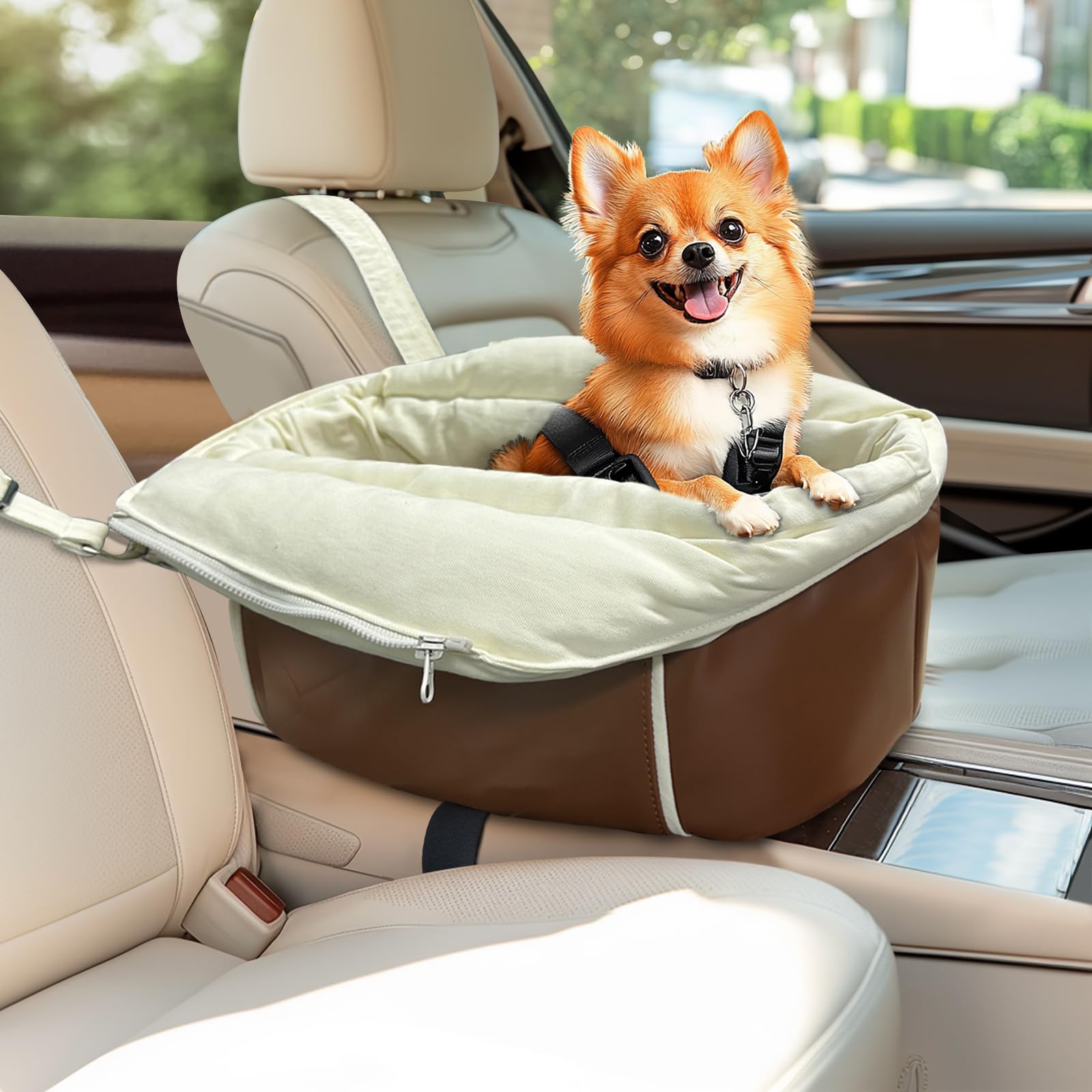 Asiento de coche para perros pequeños, asiento elevador portátil con cinturón de seguridad, base antideslizante y bolsillos de almacenamiento, se adapta a perros de hasta 11 libras (cuero