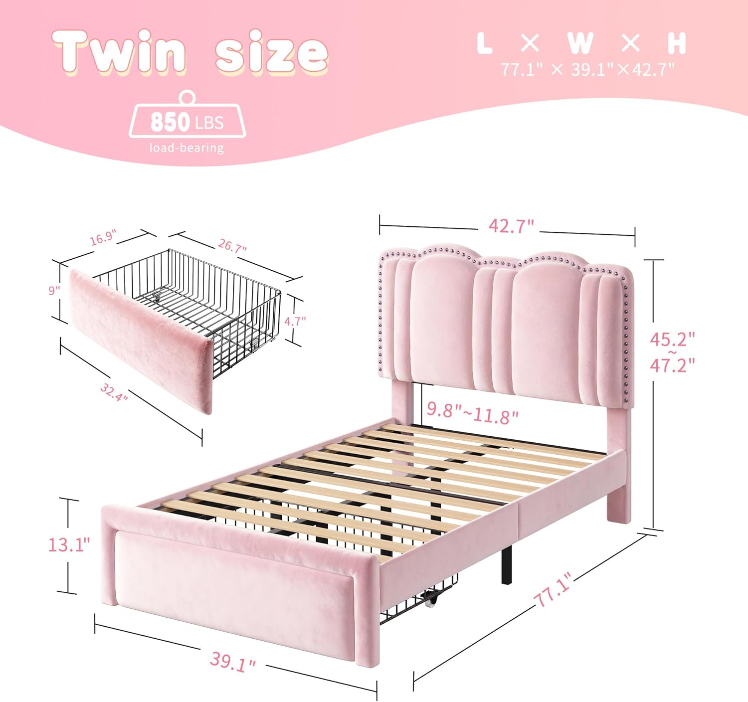 EnHomee Twin Bed Frame with Velvet Cloud Headboard, Storage Drawer and LED, Headboard Height Adjustable, Strong Support, No Box Spring Needed, Easy Assembly, Pink