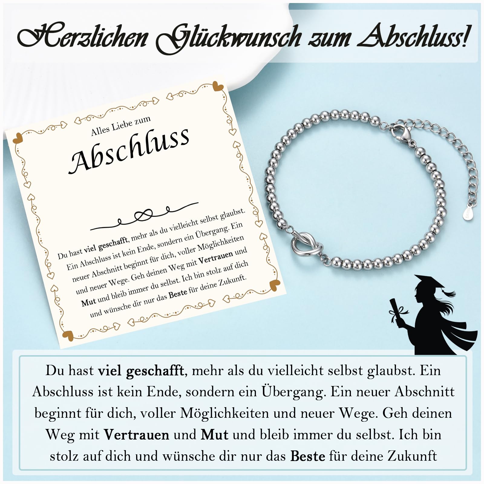 EYQV Beste Freundin Geschenke, Liebvolles Abschluss Geschenk für Mädchen, Herz-Knoten Armband für Tochter Schwester zum Abi Schulabschluss, Geschenkideen für beste Freundin zum Geburtstag Weihnachten