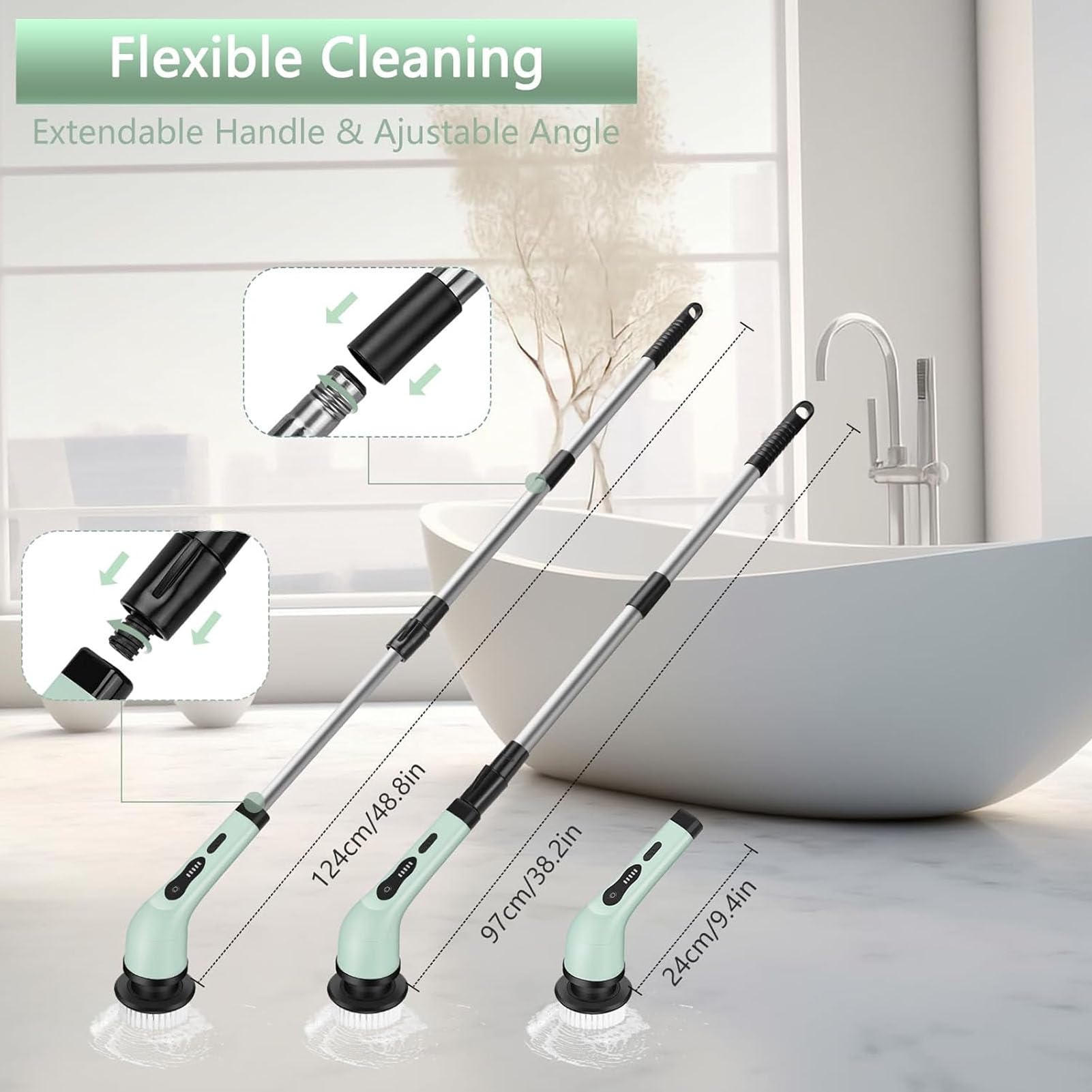 Spazzola Elettrica per Pulizia Senza Fili, Impermeabile, a Lunghezza Regolabile, per Bagno, 9 Testine