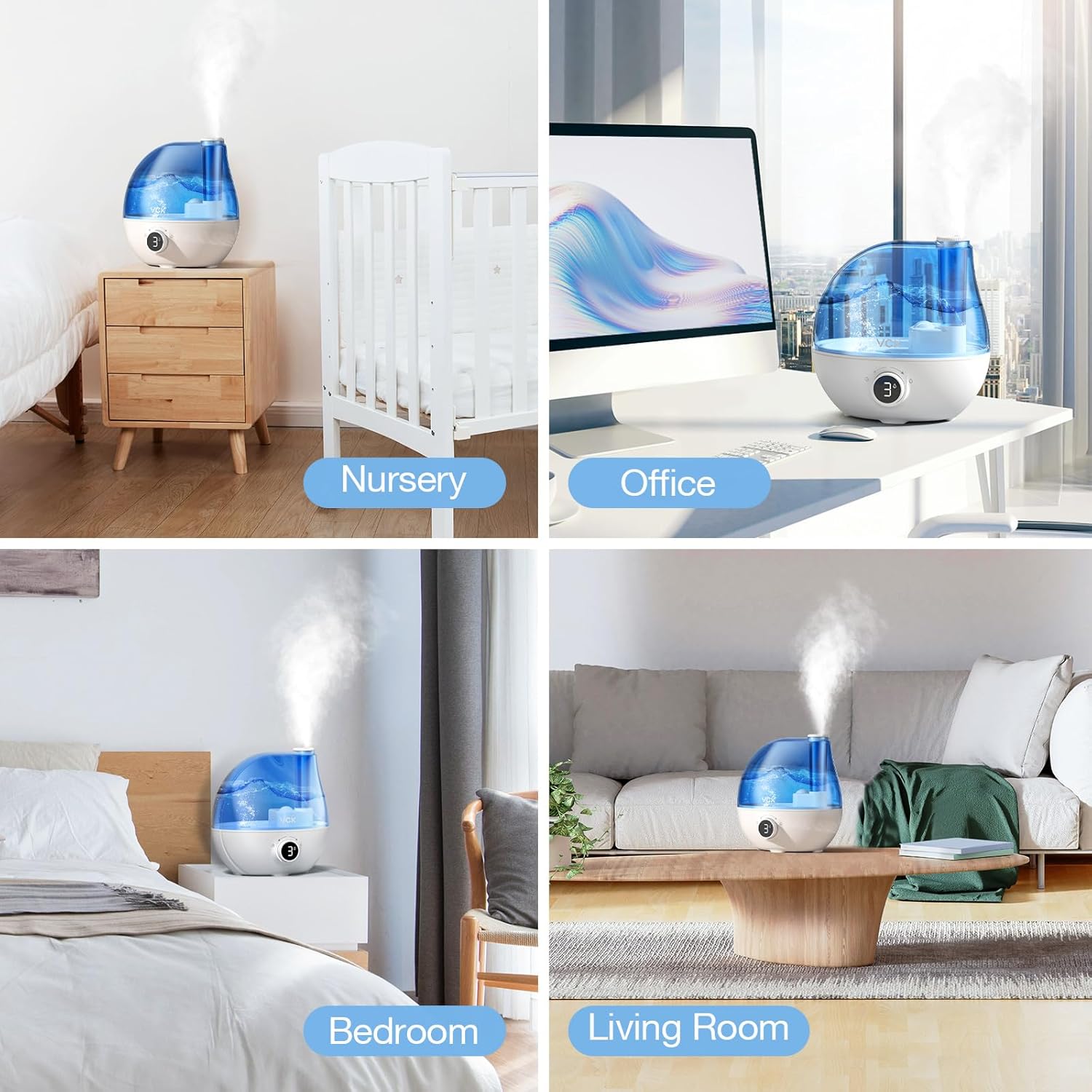 VCK Humidifier in various room settings: nursery, office, bedroom, living room