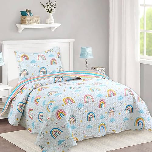 MarCielo Juego de colcha para niños, manta para adolescentes, niñas, niños (tamaño matrimonial, arcoíris)