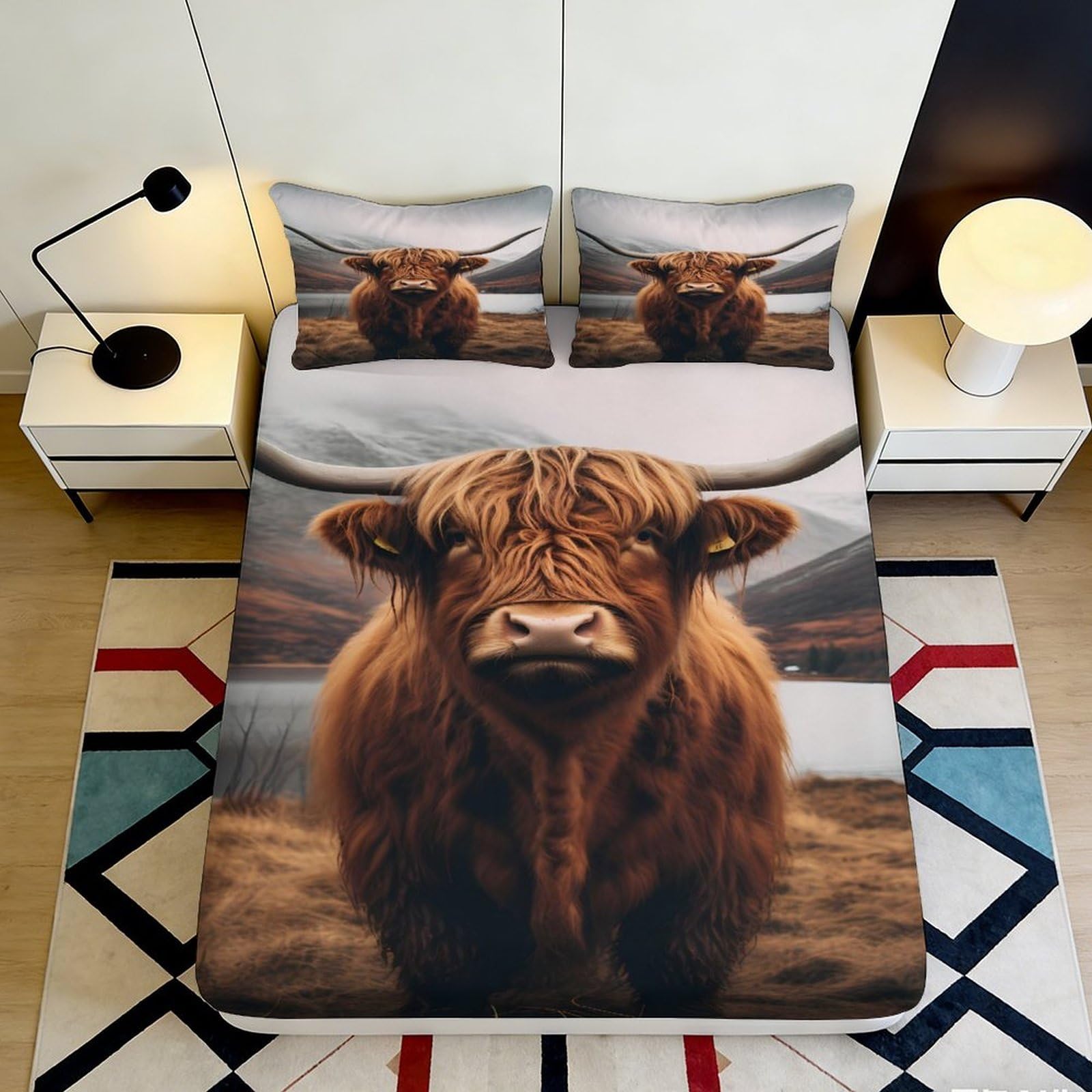 3D Printed Highland Cow Fitted Sheet Microfiber Soft Brown Rural Landscape Bed Cover for Bedroom Dorm Decor 90x200x25cm