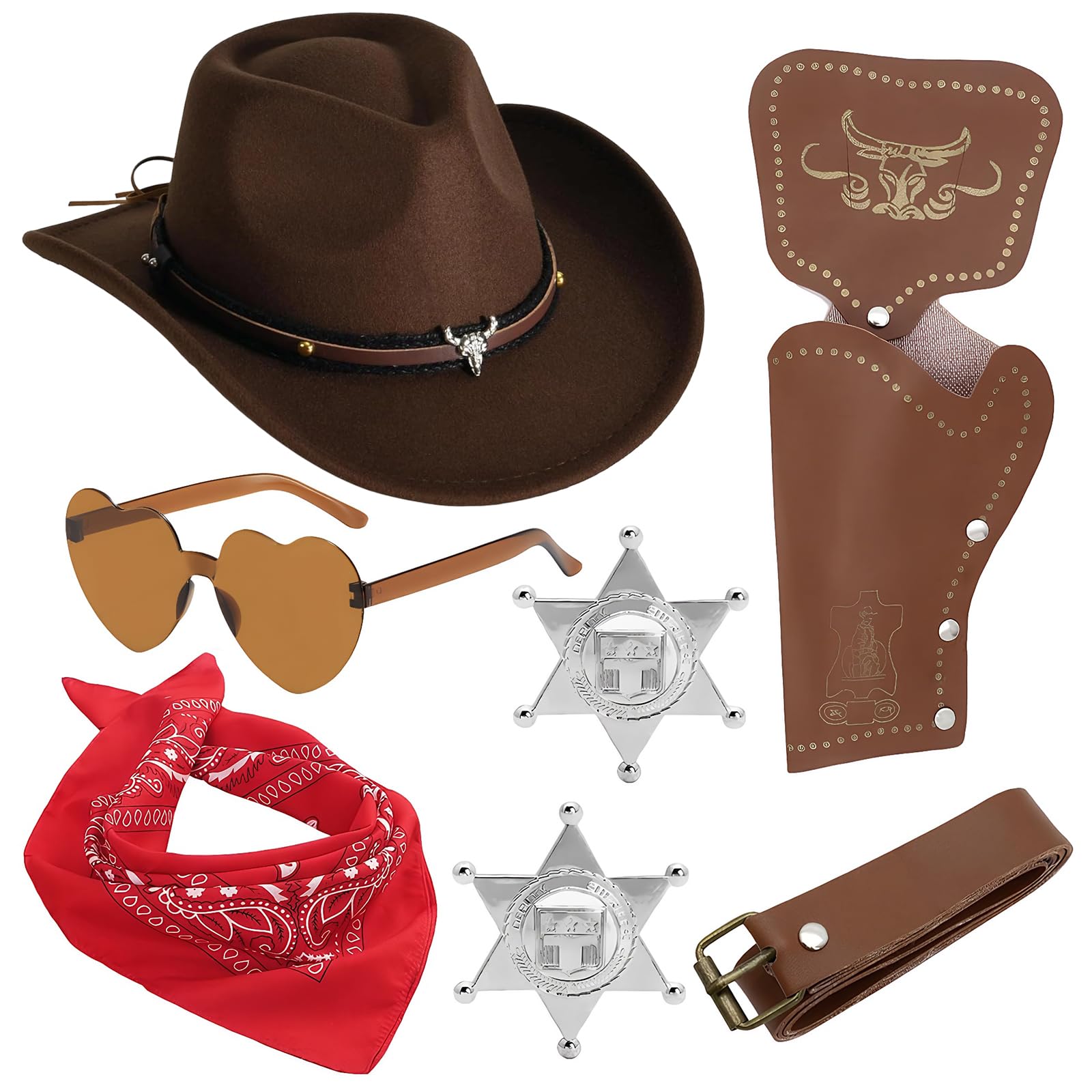 CYGMRFH Brown Cowboy Costume Accessory Set - Western Cowboy Hat with Metal Studs, Holster Belt, Red Bandana & Heart Sunglasses, Complete Fancy Dress Kit for Halloween Cosplay