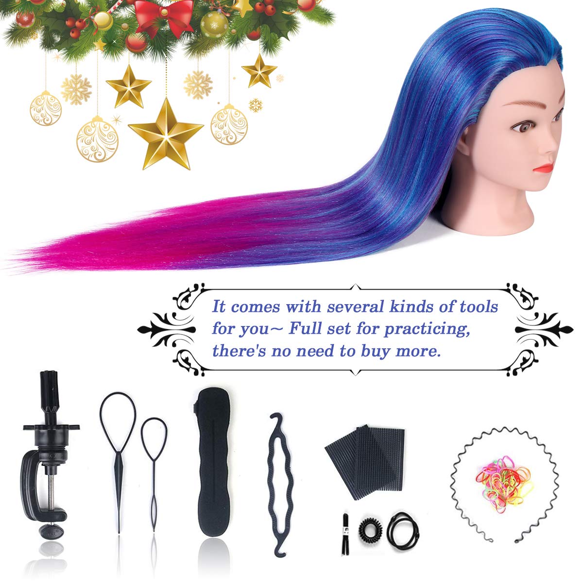 Beauty Star 29 Inches 100% Synthetic Fiber Hair Training Head Cosmetology Hairdressing Mannequin Manikin Doll Head with Table Clamp Holder & DIY Hair Braid Set