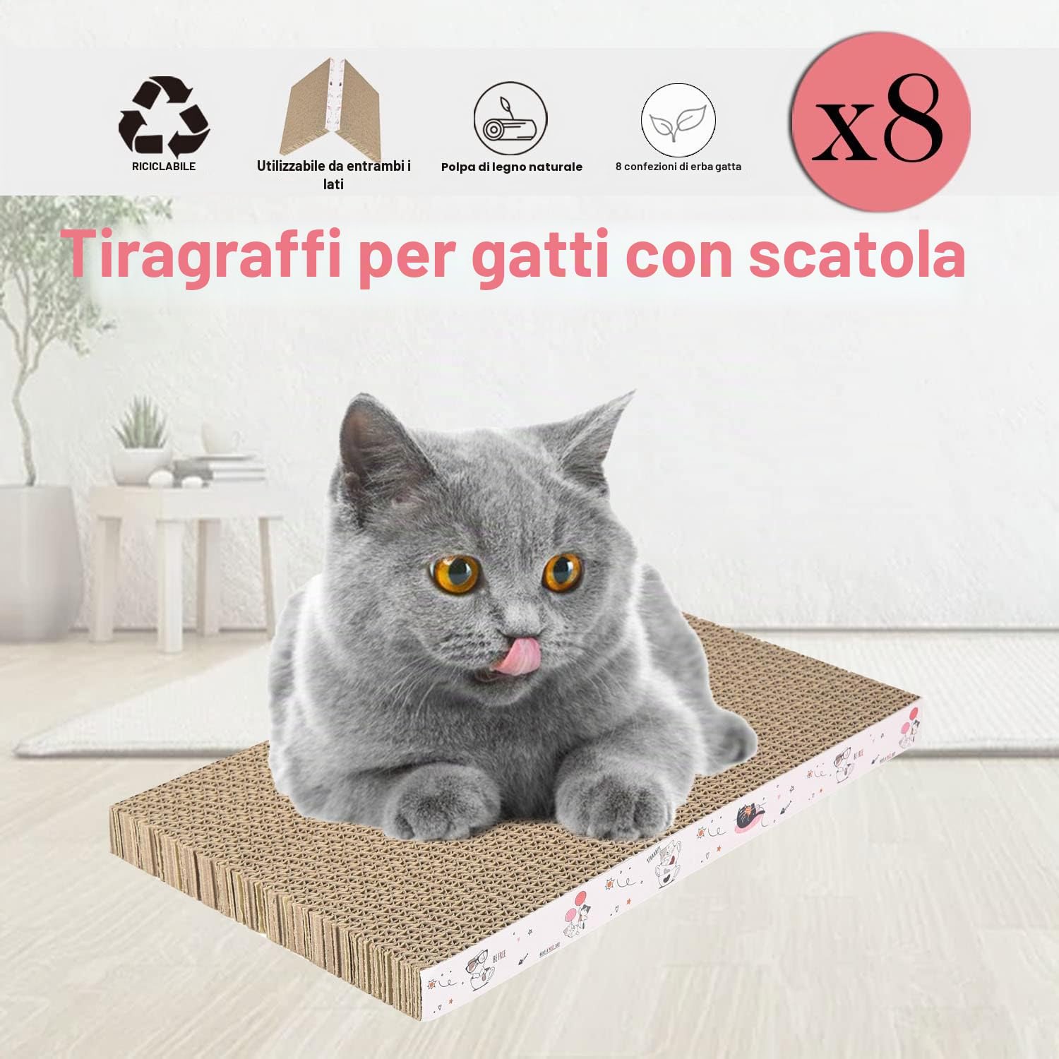8 confezioni in 1 tiragraffi per gatti, in cartone, reversibile, resistente, riciclabile, di alta qualità, adatto per riposare, macinare artigli e giocare