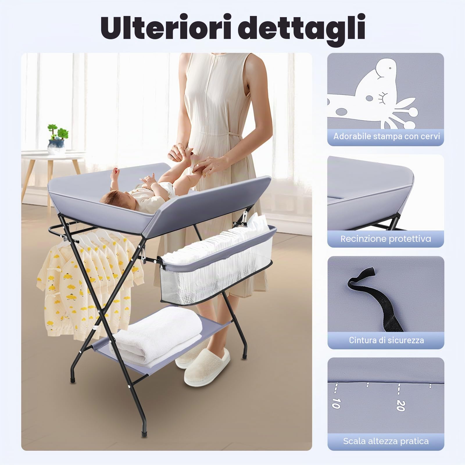 Fasciatoio portatile per bambini, pieghevole, fasciatoio pieghevole, con fasciatoio sottile, cintura di sicurezza e scomparti (grigio scuro)