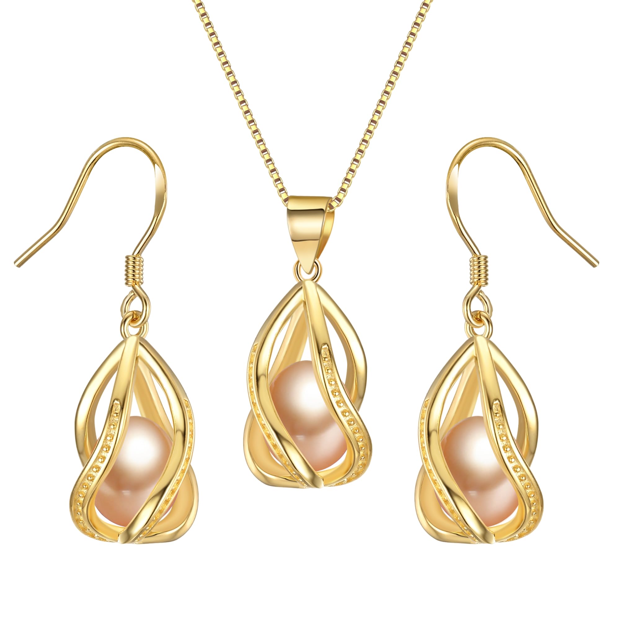 Pearl Jewelry Set For Women S925 Sterling Silver/14K Gold Plated Necklace & Earrings Set Freshwater Pearl Pendant Cage Set for Wedding Anniversary Prom Birthday Gift
