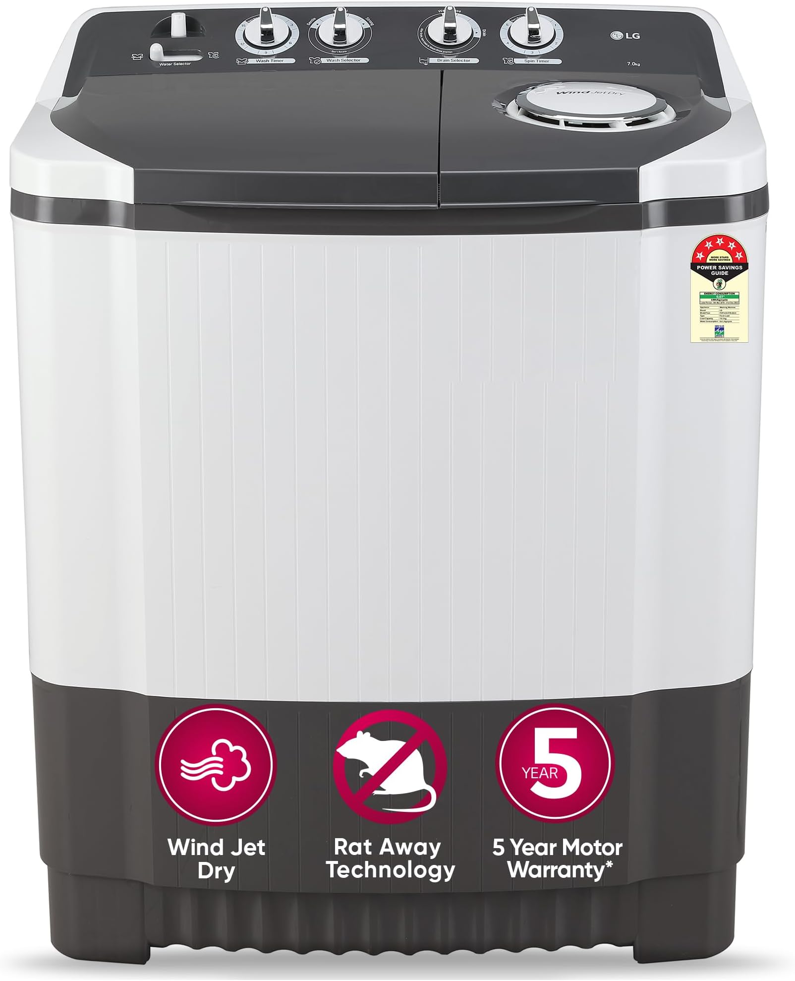 LG 7 Kg 5 Star Wind Jet Dry Semi-Automatic Top Loading Washing Machine (P7020NGAZ, Dark Gray, Rat Away Feature)