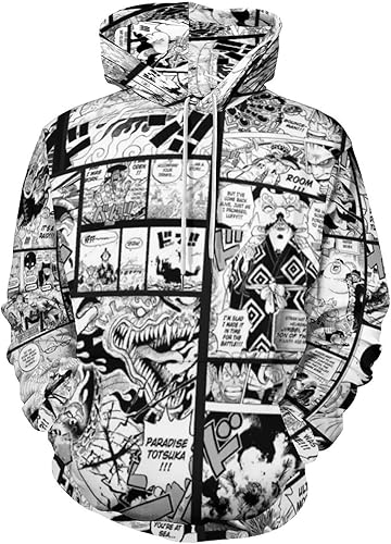 Luusmm Unisex Anime Print Hoodie Black And White Manga Print Novelty Sweater