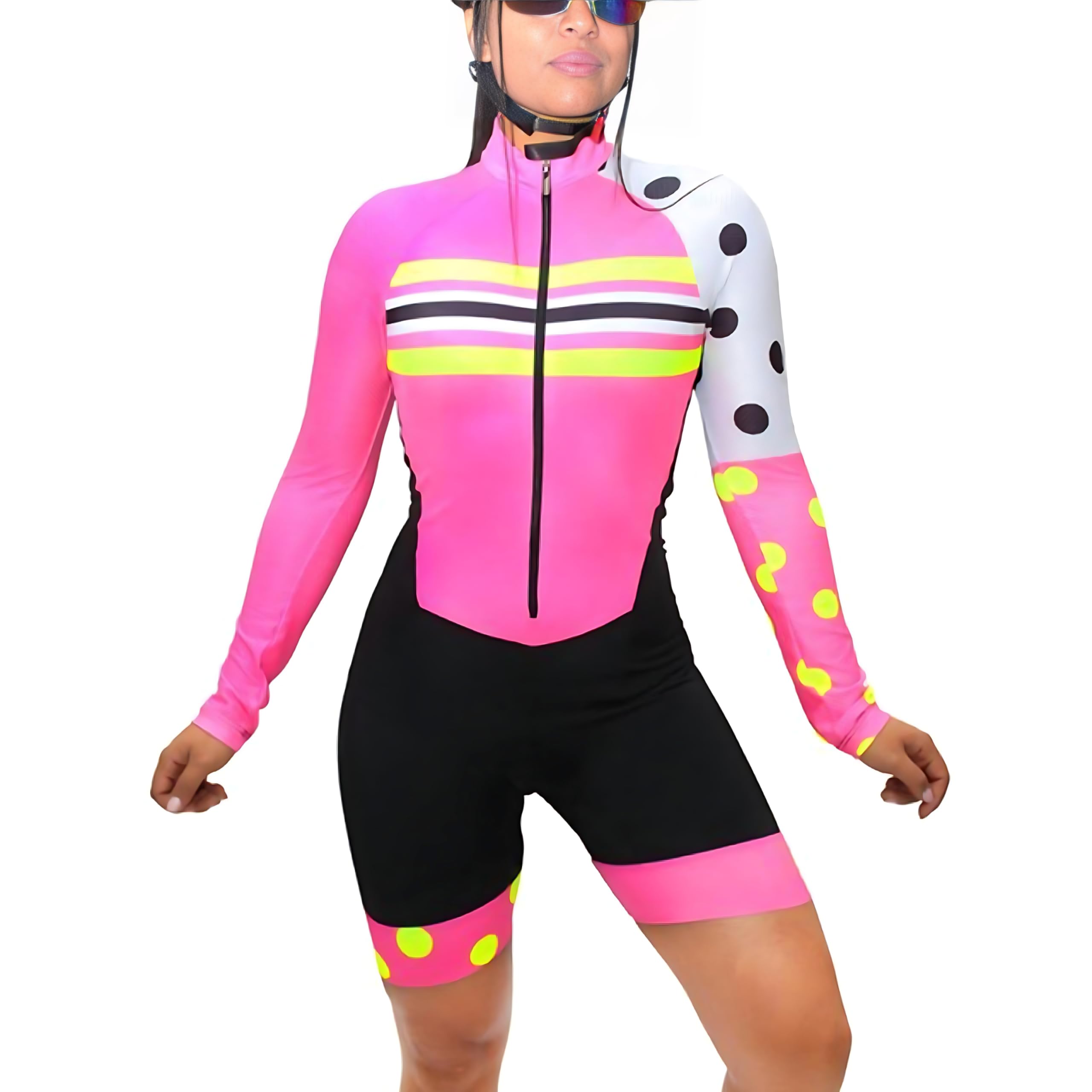 Tuta da triathlon da donna a maniche lunghe rosa bianca patchwork a pois chartXS-3XL