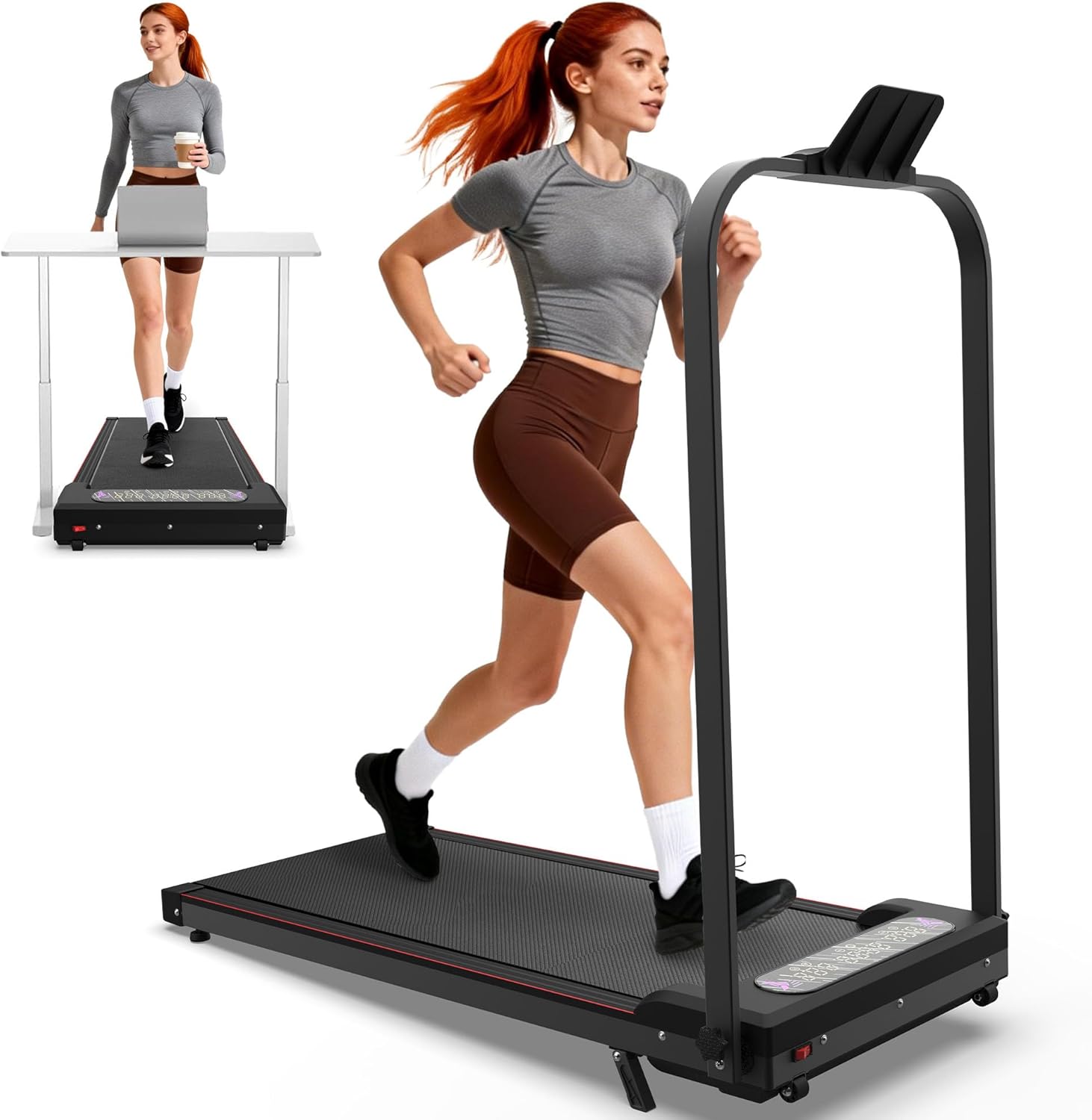 Caminadora Plegable Eléctrica con Inclinación y Barra de Soporte Negra