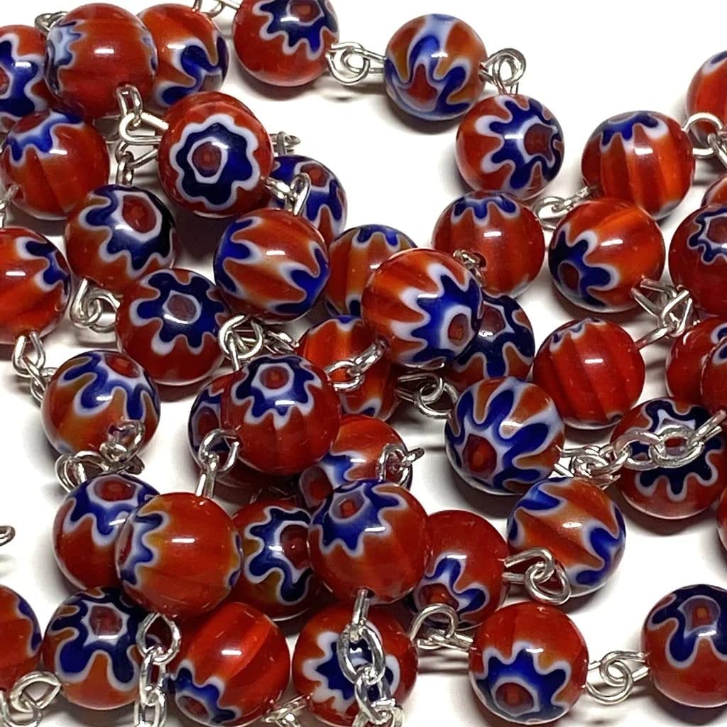 Catholically Holy Communion Red & Blue Italian Murrina Rosary - Blessed by Pope