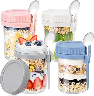 4 Pack Overnight Oats Containers with Lids and Spoons - DRKIO 16 Oz Glas...