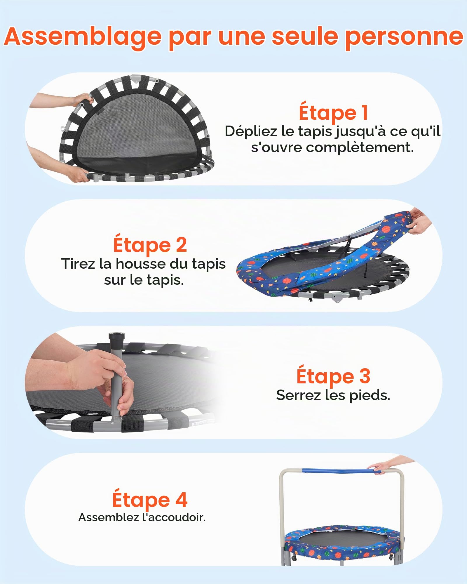 VEVOR Mini Trampoline Pliable pour Enfant, 955 x 750 mm, Fitness rebounder pour Tout-Petits avec poignée, Cadeau d'anniversaire pour Enfants de 3 Ans et Plus, garçons et Filles pour s'amuser, Bleu