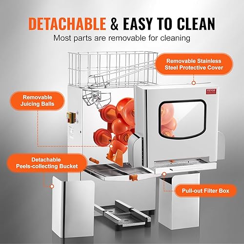 Miniatura 5 de VEVOR Exprimidor de naranja comercial, Extractor automático de jugo de 120 W, Exprimidor naranja de acero inoxidable 20 naranjasminuto, con caja de