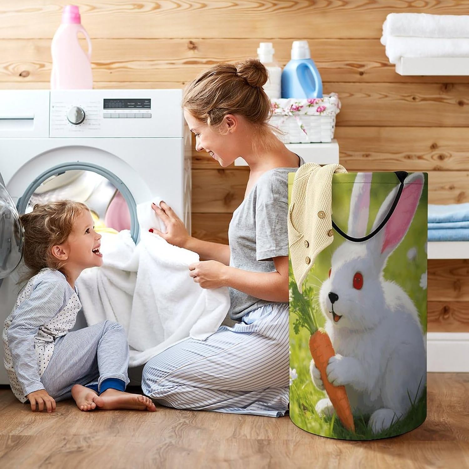 Rabbit Laundry Hamper with Handles Waterproof Collapsible Laundry Basket Large Lightweight Round Dirty Clothes Hamper for Home Dorm Bathroom Decor