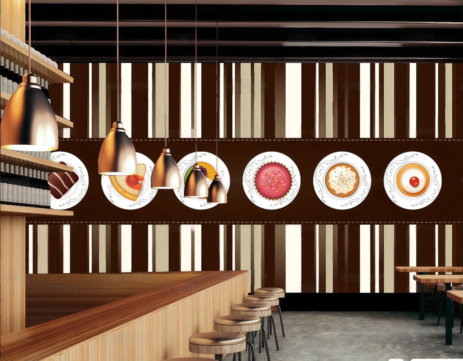 XDOUBAO Wallpaper Fashion Striped Drink Dessert Cake Bakery Afternoon Tea Coffee Shop Background Mural Western Restaurant Wallpaper,3D,350x245cm