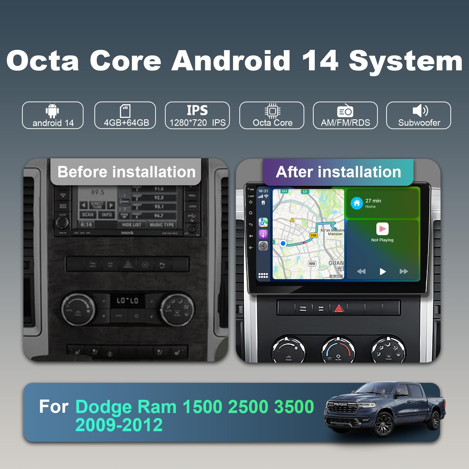 4+64G 8 Core Car Stereo for Dodge Ram 1500 2500 3500 2009-2012 with Wireless Carplay Android Auto, 10‘’ HD Touchscreen Android 14 Car Radio with Backup Camera Bluetooth AM/FM/RDS/SWC