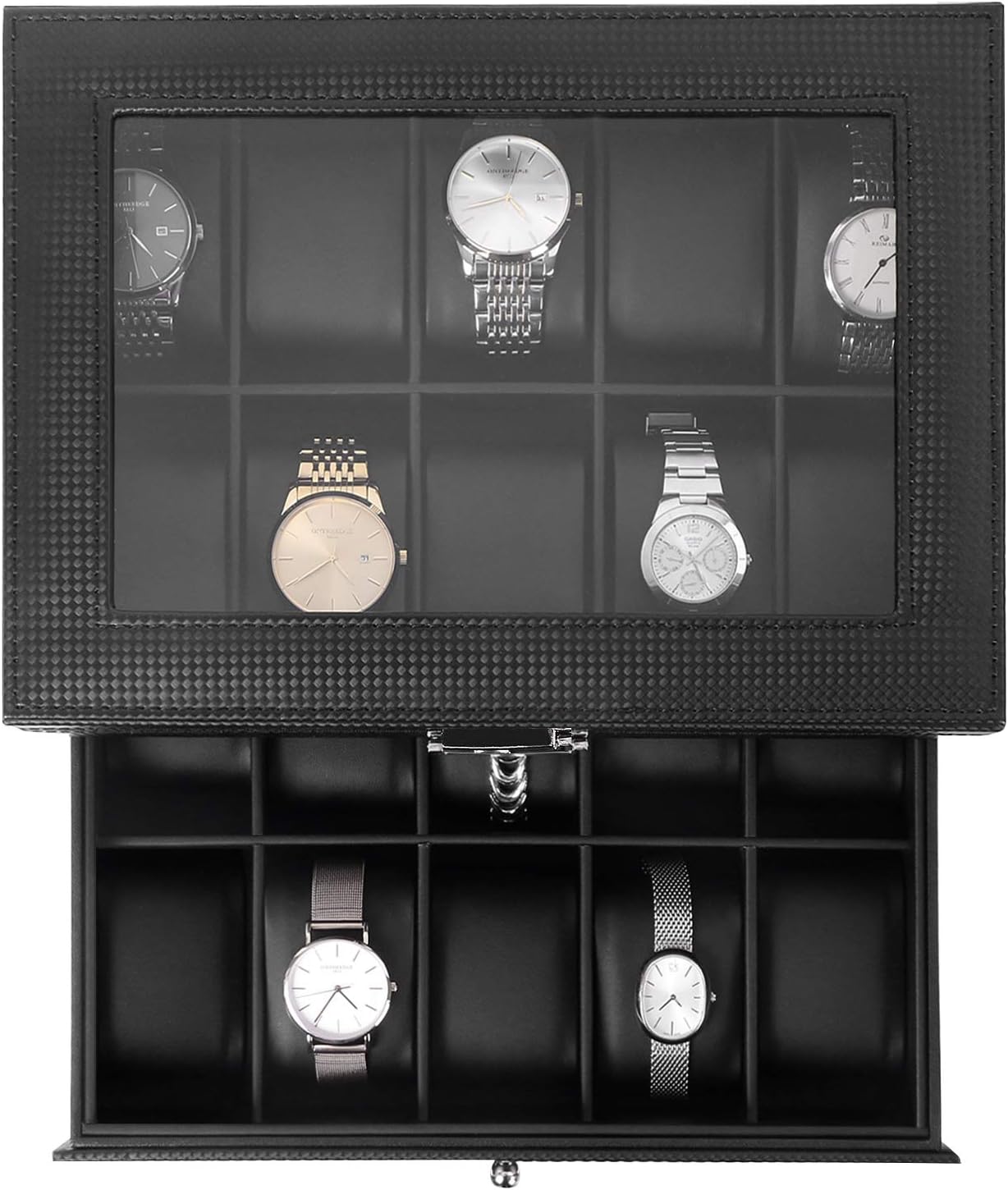 BEWISHOME Watch Box Organizer 20 Slots Watch Case Men Display Storage Case Metal Hinge Carbon Fiber Design Glass Top Large Holder Black SSH04C