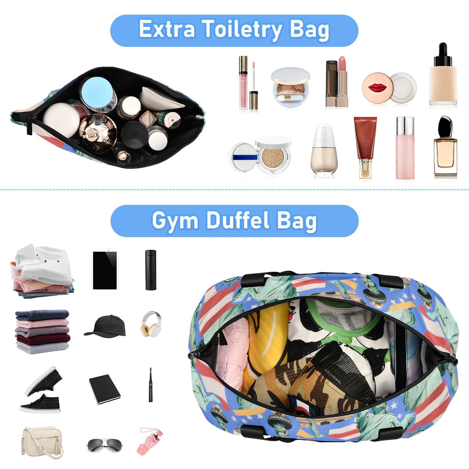 Borsa da viaggio blu alla moda con statua della libertà, con tasca bagnata, cinturino regolabile, borsone sportivo da palestra, per allenamento, pieghevole, per uomini e donne