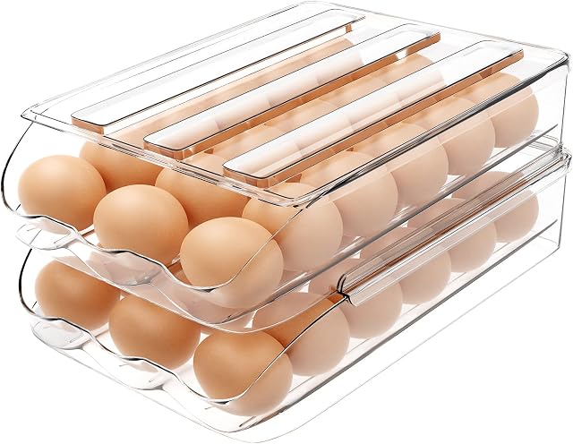 Liuwat Egg Holder for Refrigerator, Rolling Egg Container for Refrigerator with Detachable Lid, Stackable Egg Tray Organizer for Fridge - 2 Layer, Clear Egg Storage Dispenser
