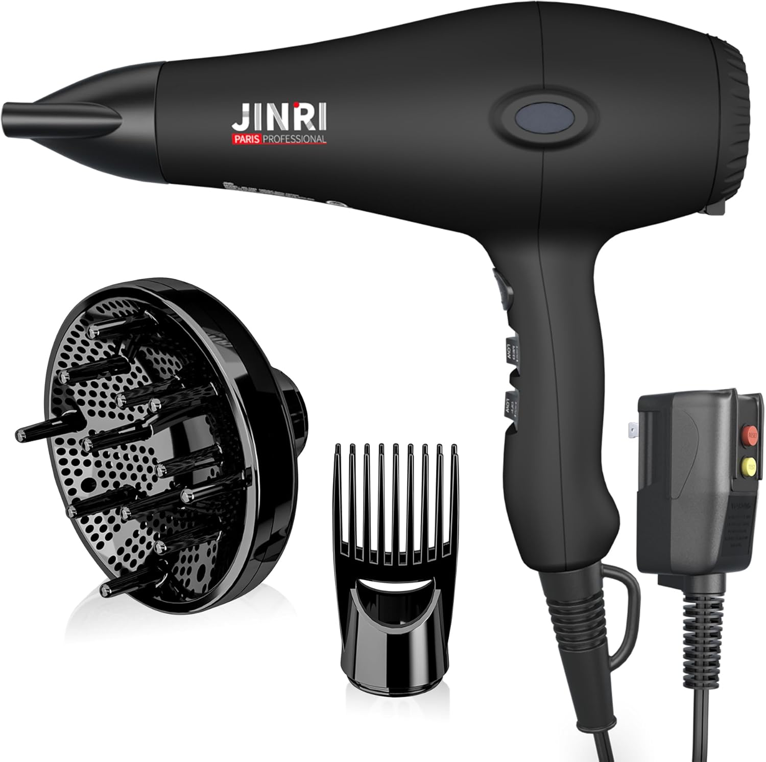 Hair Dryer - JINRI 1875W Diffuser Blow Dryer for Salon & Personal Use – Powerful, Fast Drying with Diffuser & Nozzle and Comb for Women & Men, ALCI Safety Plug, Black-Blue