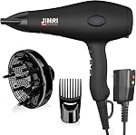 JINRI Hair Dryer - 1875 Watt Diffuser Blow Dryer for Salon & Personal Use – Powerful, With Diffuser & Comb & Nozzle for Women & Men, Smooth and Fast Drying Hair, ALCI Safety Plug, Black