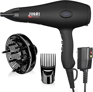 JINRI Hair Dryer - 1875 Watt Diffuser Blow Dryer for Salon & Personal Use – Powerful, With Diffuser & Comb & Nozzle for Women & Men, Smooth and Fast Drying Hair, ALCI Safety Plug, Black