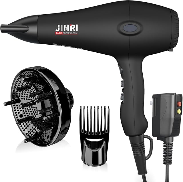 JINRI Hair Dryer - 1875 Watt Diffuser Blow Dryer for Salon & Personal Use – Powerful, With Diffuser & Comb & Nozzle for Women & Men, Smooth and Fast Drying Hair, ALCI Safety Plug, Black