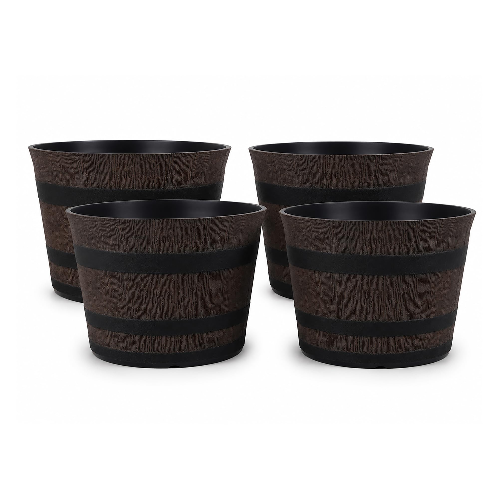 simpa Homestead Brown Half Barrel Cask Planter - Large, Set of 4 Pots - 22cm (H) x 40cm (Dia) - Suitable for Indoor or Outdoor Use.
