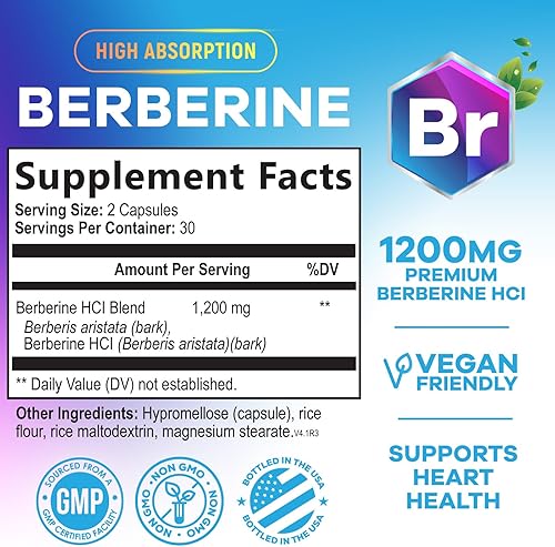 Miniatura 2 de Suplemento de berberina de 1200 mg, suplementos de berberina de alta absorción, salud cardíaca y apoyo inmunológico, suplemento de berberina HCL,