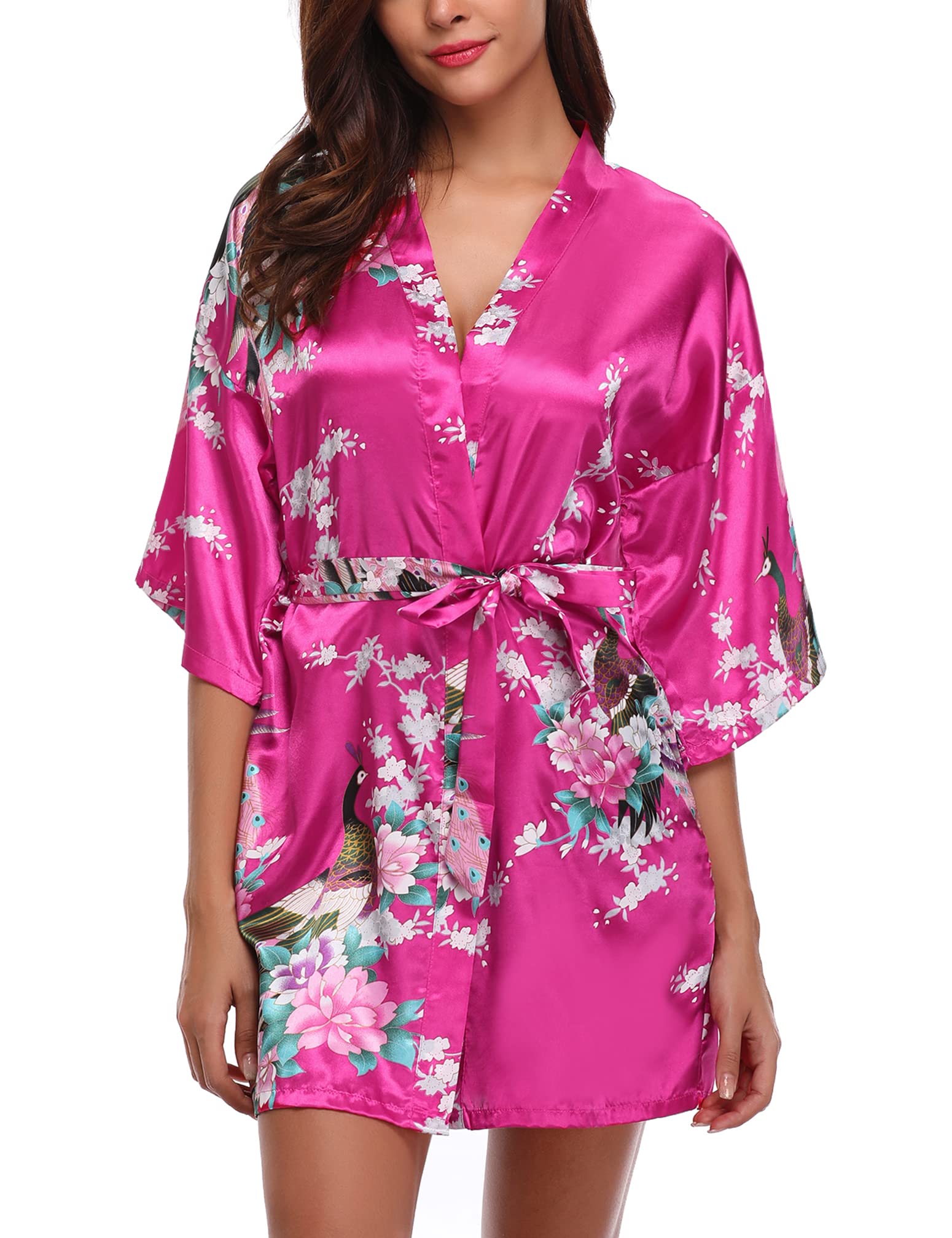 N\CNC Women's Satin Short Sexy Dressing Gown Kimono Short Robe with Belt Bridal Nightdress Sauna Gown Robe Negligé Peacock Pattern in Chinese Style